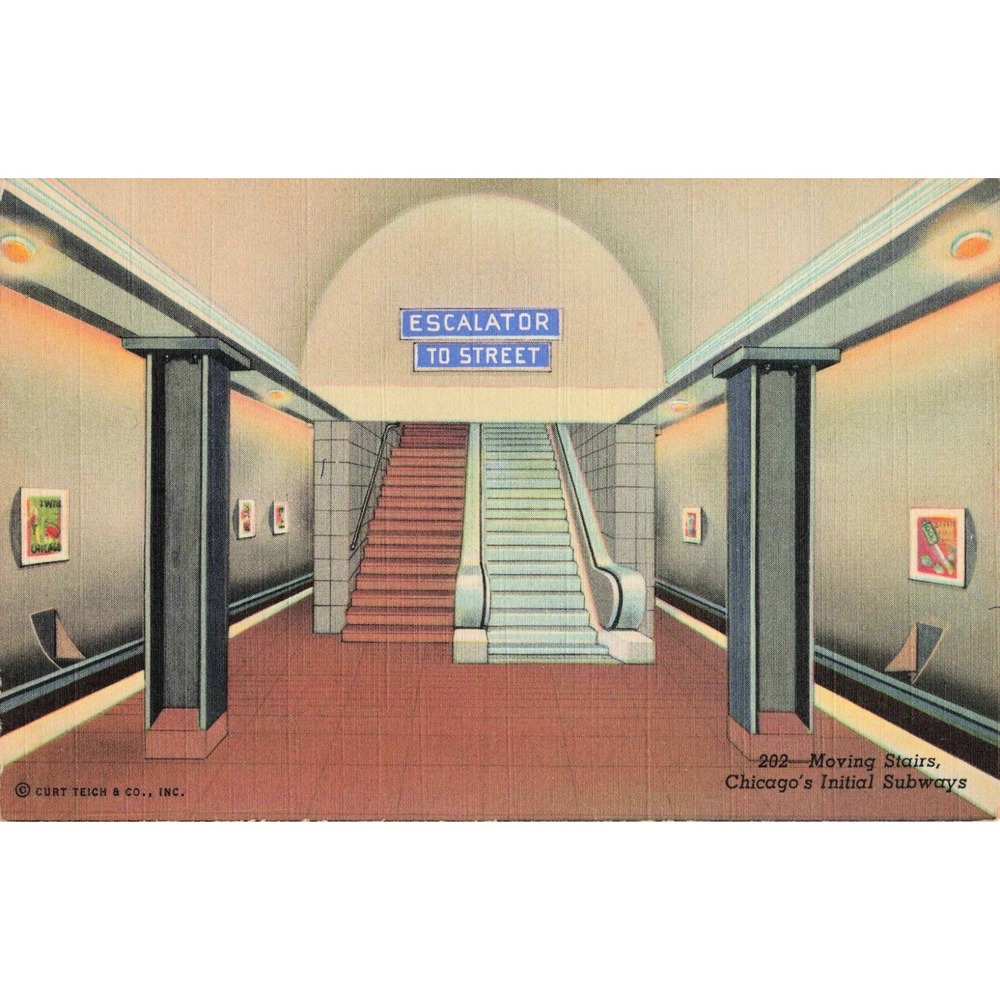 Vintage Chicago Initial Subways Moving Stairs Escalator Linen Postcard Teich - Picture 1 of 2